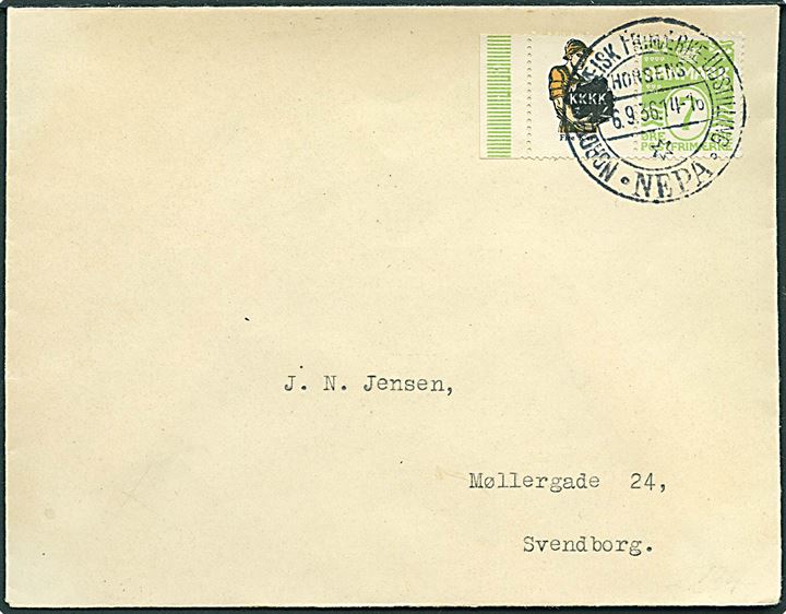7 øre Bølgelinie og KKKK Reklamemærke i parstykke på tryksag annulleret med udstillingsstempel NEPA i Horsens d. 6.9.1936 til Svendborg.