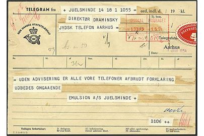 Telegram fra Aarhus d. 1.6.1954 angående manglende telefonforbindelse. Svar fra telefonselskabet på bagsiden.