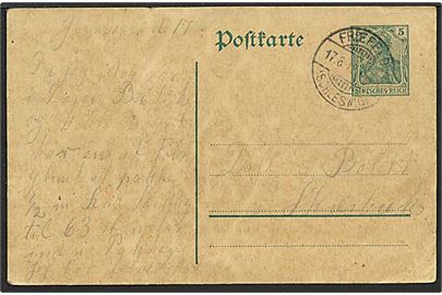 5 pfennig Frifelt d. 17.6.1913 til Skærbæk. Friefeld brotypestempel.