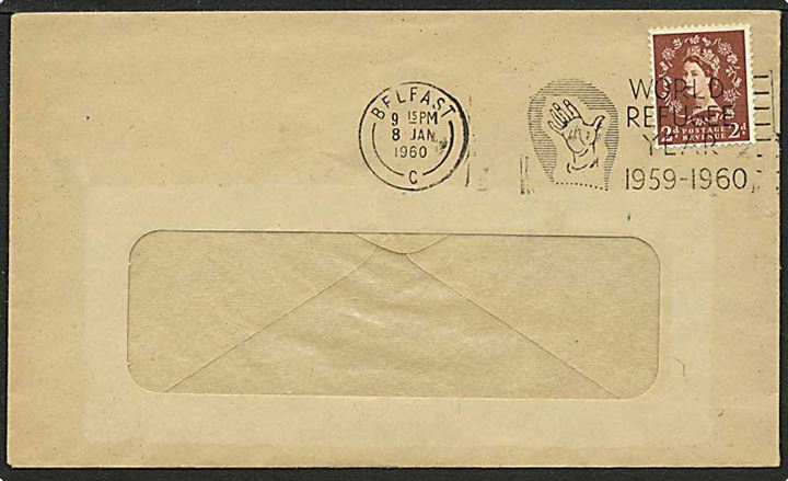 2 pence brun på brev fra Belfast d. 8.1.1960. TMS for verdens flygtninge året.