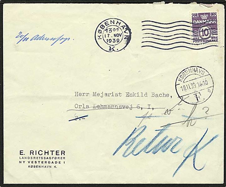 10 øre violet bølgelinie på lokalt sendt brev fra København d. 17.11.1939. Modtageren flyttet og returneret.