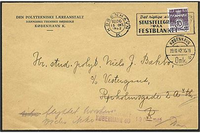 10 øre violet bølgelinie på lokalt sendt brev fra København d. 15.10.1942. Modtageren flyttet.