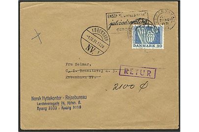30 øre blå/grøn svømning singelfrankatur på lokalt sendt brev fra København d. 29.11.1971. Ubekendt efter adressen.