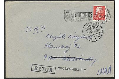 90 øre rød Dr. Margrethe på lokalt sendt brev fra Nørre Sundby d. 23.1.1976. Ubekendt efter adressen.
