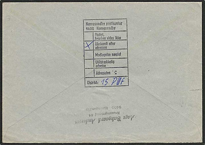 90 øre rød Dr. Margrethe på lokalt sendt brev fra Nørre Sundby d. 23.1.1976. Ubekendt efter adressen.