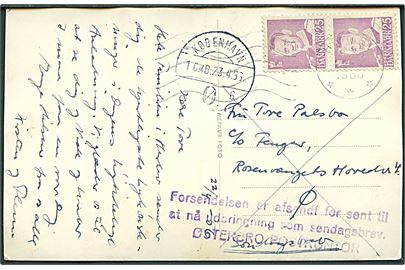 25 øre Fr. IX i parstykke på søndagsbrevkort fra Herlev d. 22.4.1956 til København. Violet stempel fra Østerbro Postkontor vedr. forsendelse sendt for sent til udbringning Søndag.