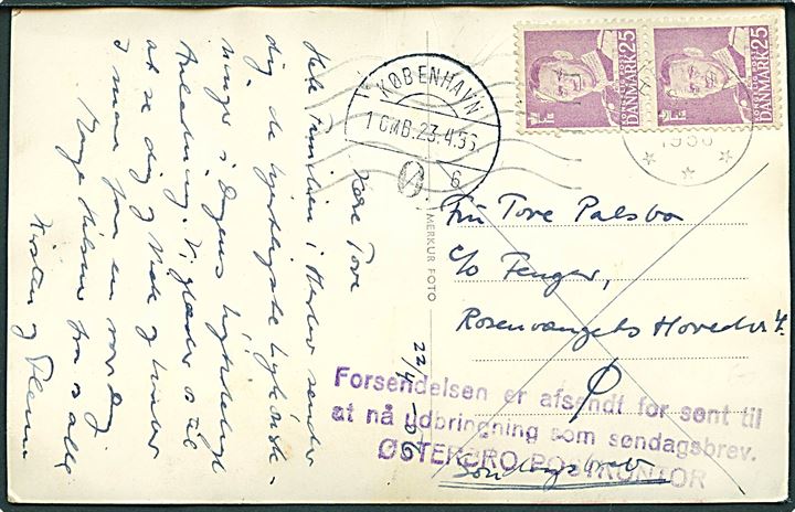 25 øre Fr. IX i parstykke på søndagsbrevkort fra Herlev d. 22.4.1956 til København. Violet stempel fra Østerbro Postkontor vedr. forsendelse sendt for sent til udbringning Søndag.