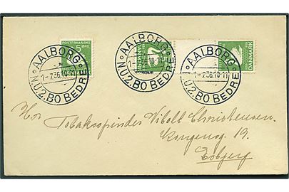 5 øre H.C.Andersen i single og Tête-Bêche 3-stribe med mellemstykke på brev annulleret med særstempel Aalborg * N.U.2. Bo Bedre d. 1.7.1936 til Esbjerg.