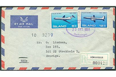 Komplet sæt Islandsk Luftfart 50 år på anbefalet luftpostbrev fra Kopavogur annulleret med svensk stempel Postkontoret Stockholm Upplysningen d. 23.10.1969 til Stockholm, Sverige.
