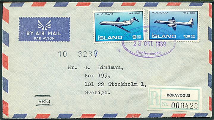 Komplet sæt Islandsk Luftfart 50 år på anbefalet luftpostbrev fra Kopavogur annulleret med svensk stempel Postkontoret Stockholm Upplysningen d. 23.10.1969 til Stockholm, Sverige.
