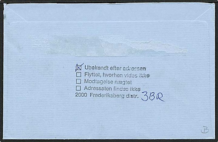 20 øre mørkeblå bølgelinie og 2,80 kr. rød Rasmus Rask på brev fra København d. x.3.1988 til Frederiksberg. Ubekendt efter adressen.