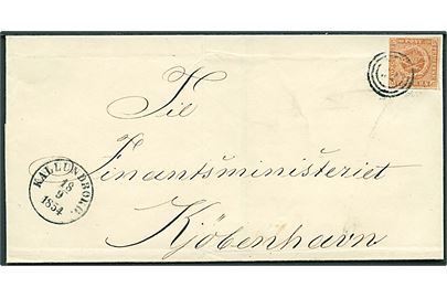 4 R.B.S. Thiele III gulbrun på brev annulleret med nr.stempel 32 og sidestemplet antiqua Kallundborg d. 18.9.1854 til Kjøbenhavn.