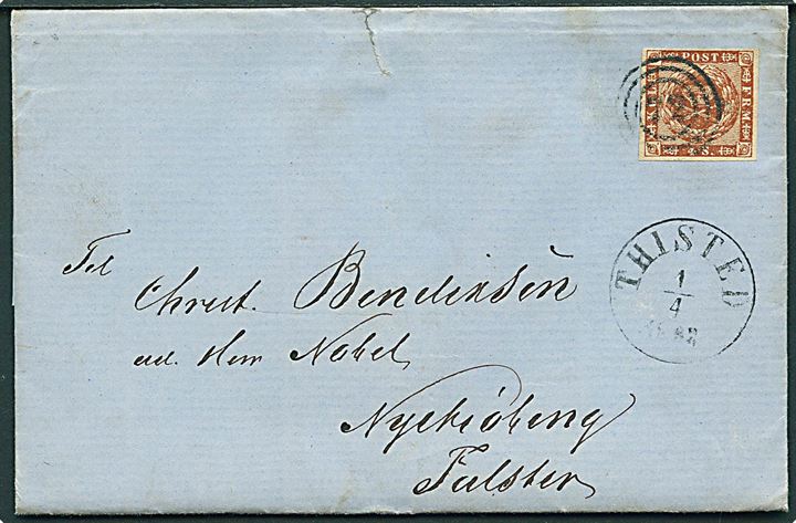 4 sk. 1858 udg. på brev annulleret med nr.stempel 72 og sidestemplet antiqua Thisted d. 1.4.1863 til Nykjøbing Falster. Rift i toppen.