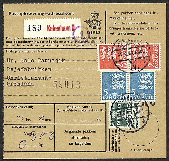 14,30 kr. porto på adressekort fra København d. 29.9.1967 til Chrisianshåb.