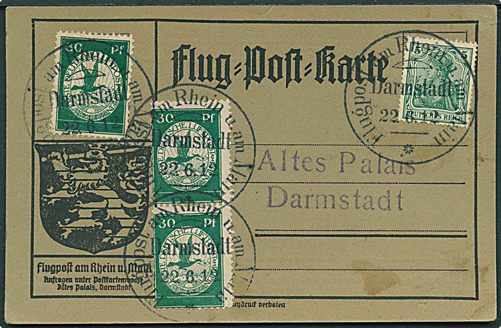 5 pfg. Germania og 30 pfg. Luftpost am Rhein (3) på officielt Flugpost karte stemplet Flugpost am Rhein u. am Main / Darmstadt d. 22.6.1912 til Darmstadt. 