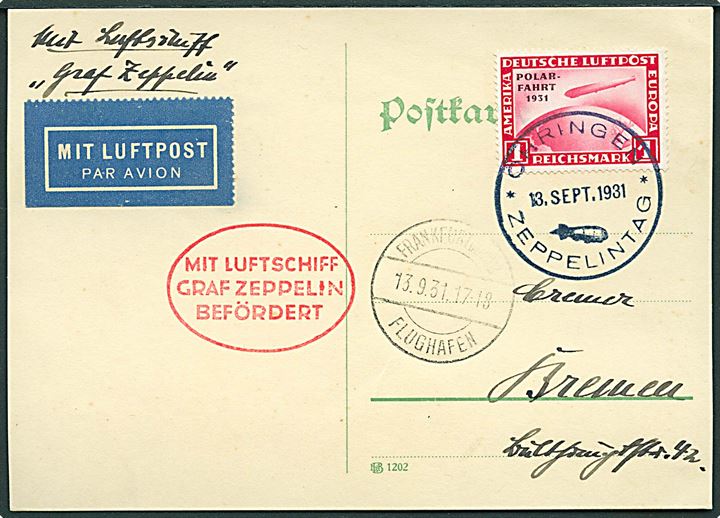 1 mk. Polarfahrt Zeppelin udg. single på luftpost brevkort annulleret med særstempel Öhringen * Zeppelintag * d. 13.9.1931 via Frankfurt (Main) Flughafen til Bremen. Ovalt stempel Mit Luftschiff Graf Zeppelin befördert.