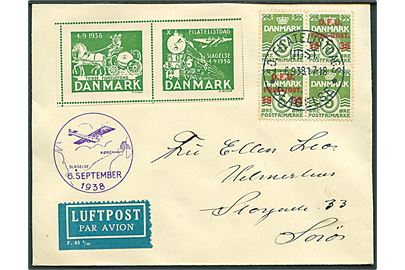 5 øre Bølgelinie og D.F.U. provisorium i fireblok, samt Udstillingsmærke fra X Filatelistdag i Slagelse på luftpostbrev fra Slagelse d. 6.9.1938 til Sorø.