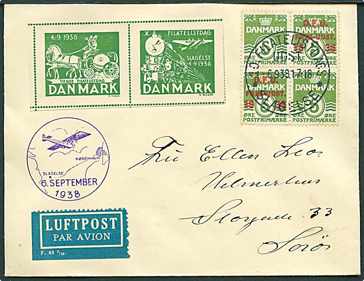 5 øre Bølgelinie og D.F.U. provisorium i fireblok, samt Udstillingsmærke fra X Filatelistdag i Slagelse på luftpostbrev fra Slagelse d. 6.9.1938 til Sorø.