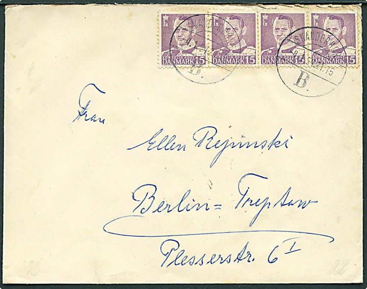 15 øre Fr. IX (4) på brev stemplet Skanderborg B. d. 4.1.1954 til Berlin, Tyskland.
