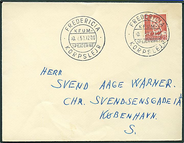 25 øre Fr. IX på brev annulleret med spejder særstempel Fredericia KFUM-Spejderne Korpslejr d. 10.7.1950 til København.