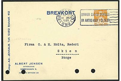 10 øre orange bølgelinie på brevkort fra København d. 11.7.1935 til Skien, Norge. Mærket med perfin A29 - Albert Jensen.