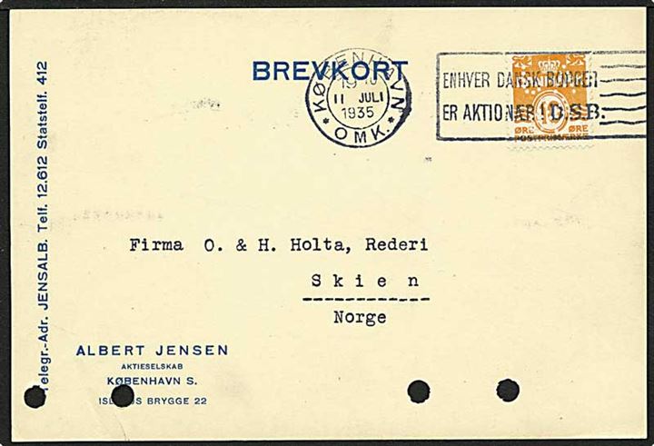 10 øre orange bølgelinie på brevkort fra København d. 11.7.1935 til Skien, Norge. Mærket med perfin A29 - Albert Jensen.