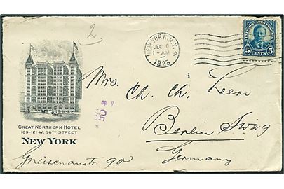 5 cents Roosevelt single på illustreret hotelkuvert fra Great Northern Hotel i New York d. 6.12.1923 til Berlin, Tyskland.