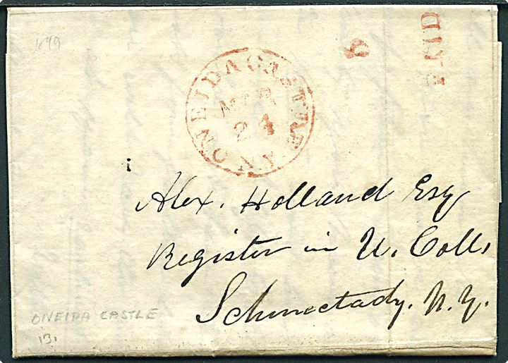 1849. Franco brev med langt indhold stemplet Oneida Castle N.Y. d. 24.3.1849 med rød 5 Paid til Schenectad, N.Y.