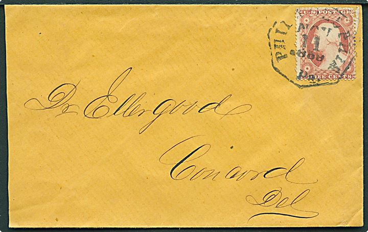 3 cents Washington på brev annulleret med 7-kantet stempel i Philadelphia d. 11.11.1868 til Concord, Delaware.