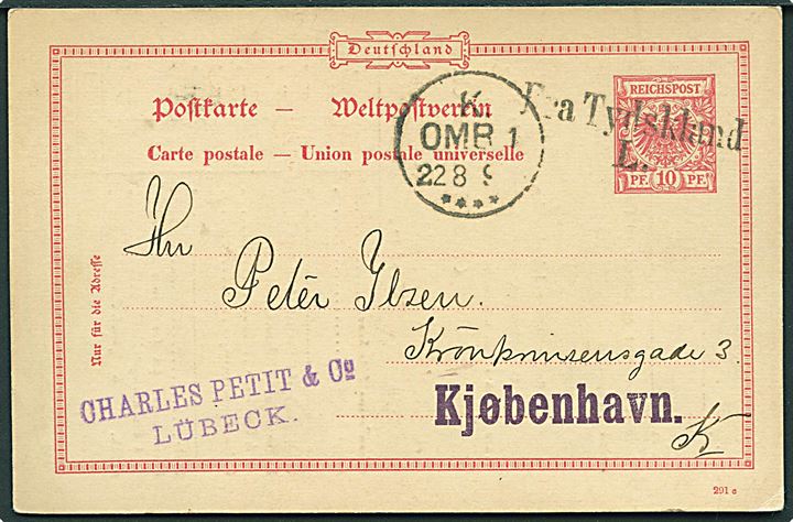 Tysk 10 pfg. helsagsbrevkort fra Lübeck annulleret med skibsstempel Fra Tydskland L. og sidestemplet K. OMB. 1 d. 22.8.1892 til Kjøbenhavn, Danmark.