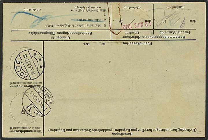 Medlemskort til dansk Boxer-Klub vedhæftet postindkassering fra København d. 14.3.1942 til Holte.