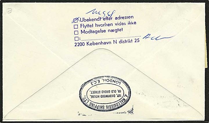 9 pence mørkegrøn på brev fra England d. 21.7.1970 til København. Ubekendt efter adressen og vignet angående fuldstændig adresse.