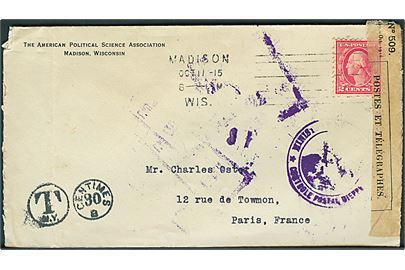 2 cents Washington på underfrankeret brev fra Madison d. 11.10.1915 til Paris, Frankrig. Portostempel: T. N.Y. / Centimes 30 B og åbnet af fransk censur.