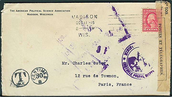 2 cents Washington på underfrankeret brev fra Madison d. 11.10.1915 til Paris, Frankrig. Portostempel: T. N.Y. / Centimes 30 B og åbnet af fransk censur.