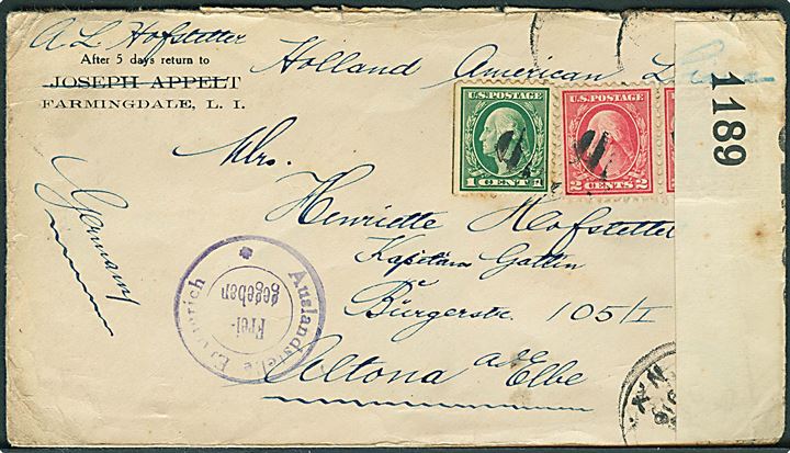 1 cent og 2 cents (2) Washington på brev fra New York 1916 til Altona, Tyskland. Påskrevet Holland American Line. Åbnet af britisk censur no. 1189 og tysk censur fra Emmerich.