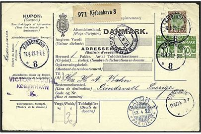 10 øre grøn bølgelinie og 70 øre brun/grøn Chr. X på adressebrev fra København d. 12.4.1922 til Sundsvall, Sverige.