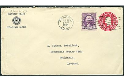 2 cents helsagskuvert opfrankeret med 3 cents Washington fra Reading d. 29.8.1935 til Reykjavik, Island. 