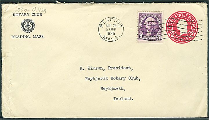 2 cents helsagskuvert opfrankeret med 3 cents Washington fra Reading d. 29.8.1935 til Reykjavik, Island. 
