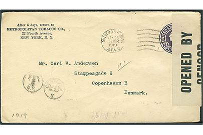 3 cents helsagskuvert sendt underfrankeret fra New York d. 28.5.1919 til København, Danmark. Stemplet T.N.Y. / Centimes 20 S. Åbnet af amerikansk censur no. 217.