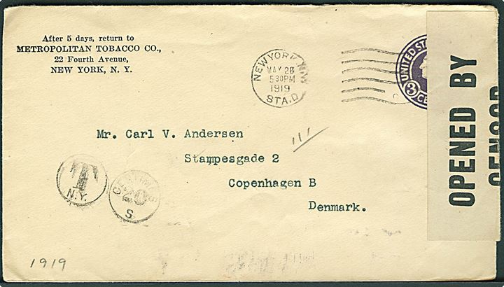 3 cents helsagskuvert sendt underfrankeret fra New York d. 28.5.1919 til København, Danmark. Stemplet T.N.Y. / Centimes 20 S. Åbnet af amerikansk censur no. 217.