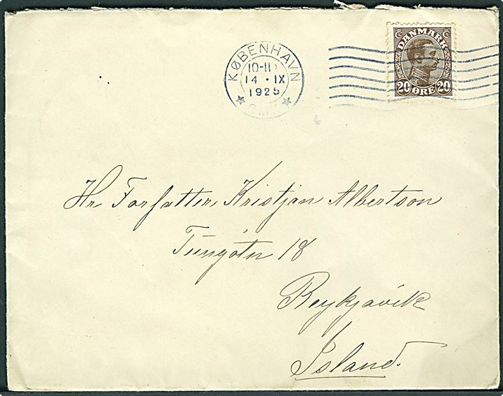 20 øre Chr. X på brev fra København d. 14.9.1925 til Reykjavik, Island.
