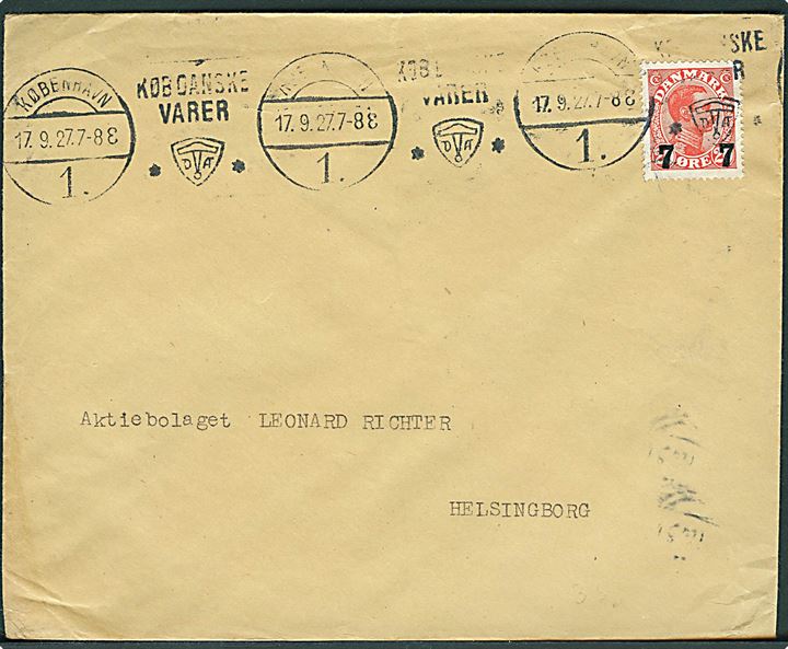 7/20 øre Provisorium på tryksag annulleret med båndmaskinstempel Køb danske Varer/København 1 d. 17.9.1927 til Helsingborg, Sverige.