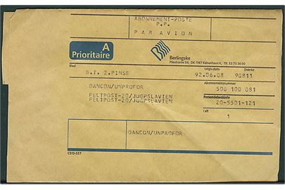Ufrankeret luftpost udgiverkorsbånd fra Berlingske Tidende i København d. 8.6.1992 til DANCON/UNPROFOR, Feltpost-20/Jugoslavien. Til danske styrker i Kroatien.