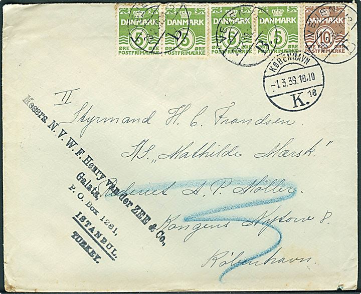 5 øre (4) og 10 øre Bølgelinie på brev fra Vejen B. d. 28.2.1939 til sømand ombord på S/S Mathilde Mærsk via rederi i København - eftersendt til Istanbul, Tyrkiet.