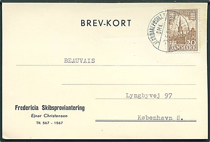 20 øre 1000 års udg. på brevkort fra Fredericia stemplet Jernbanepostkt. 2 OMK. Fredericia d. 3.5.1961 til København.