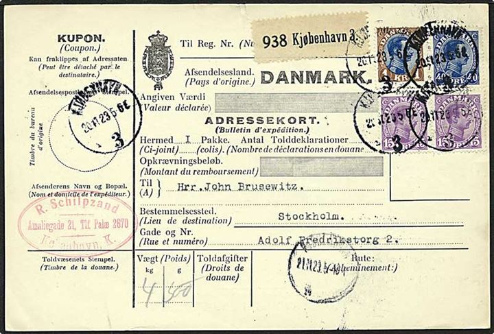 15, 40 og 1 kr. Chr. X på adressebrev fra København d. 20.11.1923 til Stockholm, Sverige.
