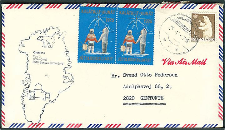 1 kr. Isbjørn og Julemærke 1975 på luftpostbrev fra Sdr. Strømfjord d. 25.11.1975 til Gentofte. Afs.-stempel fra Dye 2 radarstationen.