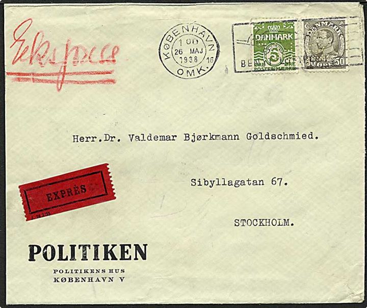 5 øre grøn bølgelinie og 50 øre grå Chr. X på expres brev fra København d. 26.5.1938 til Stockholm, Sverige. Mærkerne med perfin P33 - Politiken.