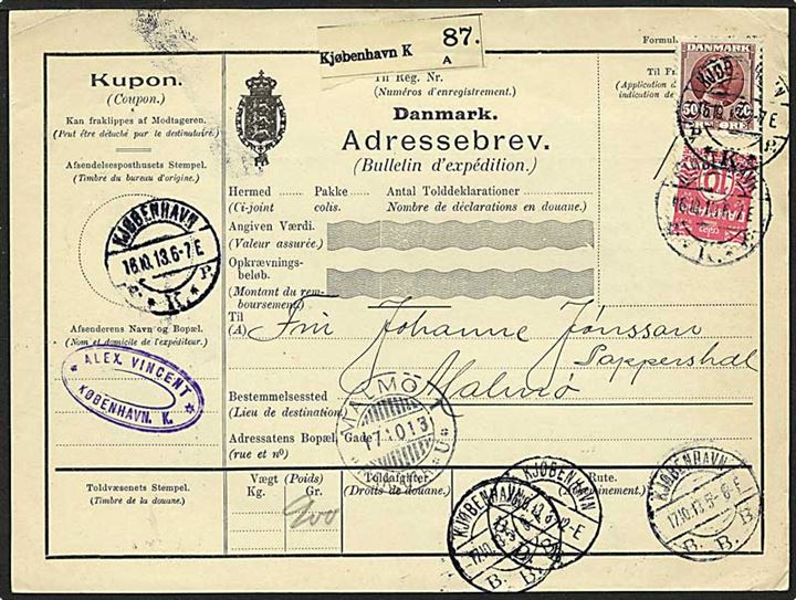 10 øre karminrosa bølgelinie og 50 øre rødlilla Fr. VIII på adressebrev fra København d. 16.10.1913 til Malmø, Sverige.