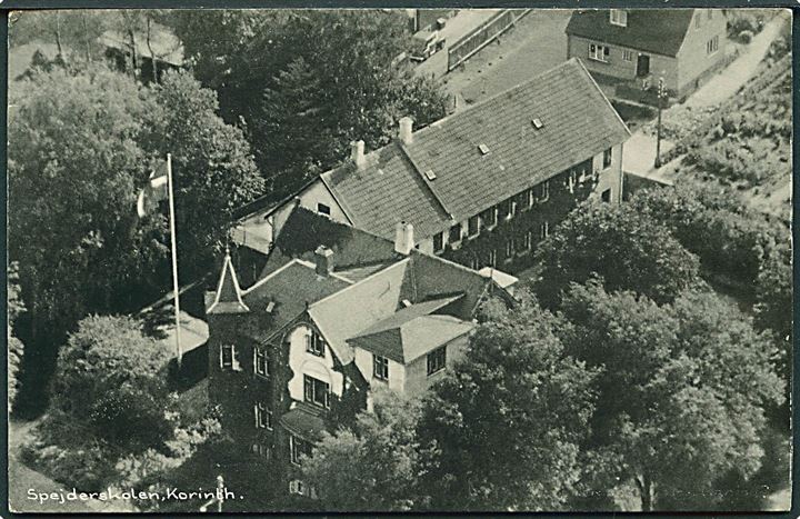 Korinth, spejderskolen. Luftfoto Sydjyllands Flyveselskab no. 497/9. Med julemærke 1959.